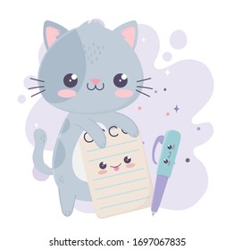 cute little cat with notepad and pen kawaii cartoon character vector illustration