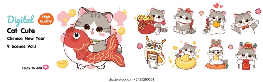 Lindo gatito en el Año Nuevo Chino, 9 diseños para elegir.