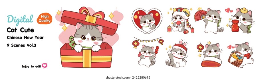 Cute little cat on Chinese New Year, 9 designs to choose from.