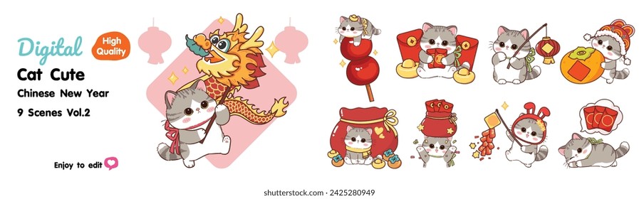 Cute little cat on Chinese New Year, 9 designs to choose from.