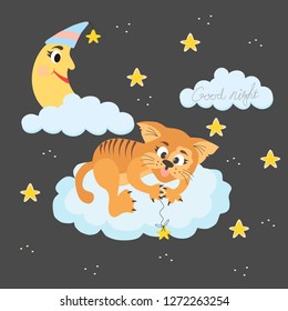 Cute little cat on the cloud on a dark background with moon and stars. Cartoons style. For design of postcards, posters, etc
