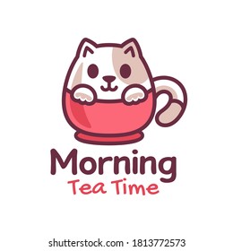 cute little Cat on the cup logo design