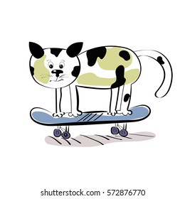 Cute little cat on skate cartoon hand drawn vector illustration. Can be used for baby t-shirt print, fashion print design, kids wear, baby shower celebration greeting and invitation card.
