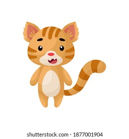 Cute little cat on white background. Cartoon animal character for kids cards, baby shower, posters, b-day invitation, clothes. Bright colored childish vector illustration in ecartoon style.