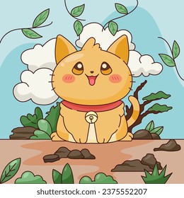 Cute little cat in the park illustration