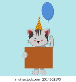 Cute little cat in party hat standing, card birthday, invitation, sticker, animal character, cartoon, mascot, greeting card