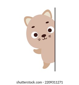Cute little cat peeking around corner on white background. Cartoon animal character for kids t-shirt, nursery decoration, baby shower, greeting card, house interior. Vector stock illustration