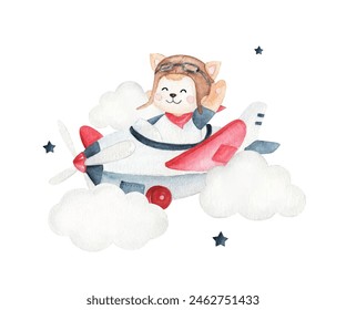 Cute little cat pilot flying on a plane, hand drawn watercolor illustration	