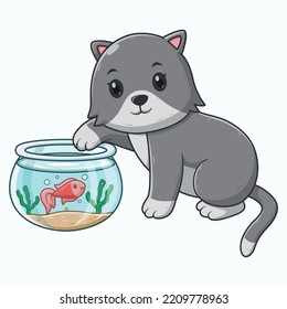 Cute Little Cat Playing with Fish. Animal Icon Concept. Flat Cartoon Style. Suitable for Web Landing Page, Banner, Flyer, Sticker, Card