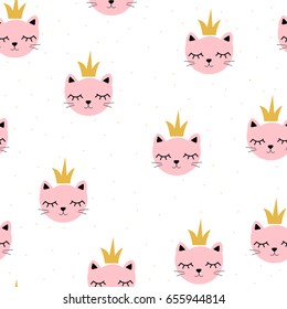 Cute little cat princess seamless pattern. Vector hand drawn illustration.