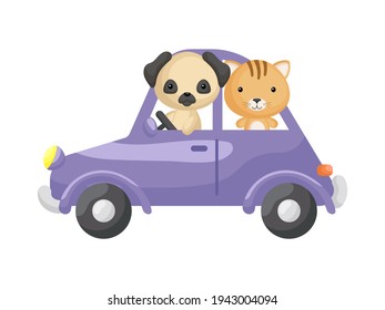 Cute little cat and pug dog driving purple car. Cartoon character for childrens book, album, baby shower, greeting card, party invitation, house interior. Vector stock illustration.