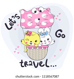 Cute little cat and rabbit in pink polka dot hot air balloon with text "let's go travel" vector illustration.