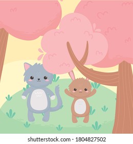 cute little cat and rabbit tree cartoon animals in a natural landscape vector illustration