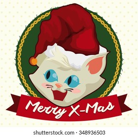 Cute little cat with Santa's hat and ribbon with Merry X-mas message.