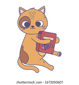 cute little cat sitting with food box.  pet cartoon vector illustration