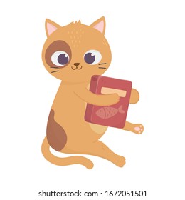 Cute little cat sitting with food box.  Pet cartoon vector illustration