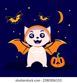 Cute little cat in a skeleton costume for Halloween. Vector flat illustration.