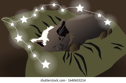 Cute little cat sleeping on a green pillow with stars shining above. Dreaming idea. Vector