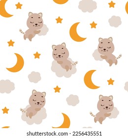 Cute little cat sleeping on cloud seamless childish pattern. Funny cartoon animal character for fabric, wrapping, textile, wallpaper, apparel. Vector illustration