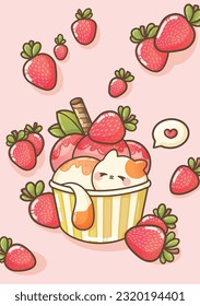 " Cute little cat sleeping in a strawberry ice cream jar and biscuits " Illustration for kids books, gift card - Kawaii style