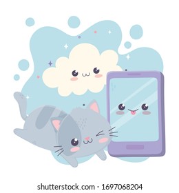 un lindo gato con la nube de smartphones kawaii caricatura ilustración vectorial