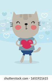 Cute little cat smiling with pink heart in hands. Happy Valentines Day, wedding, dating and love flat vector illustration