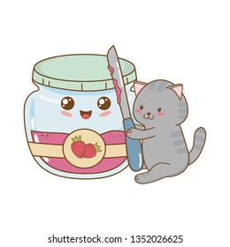 cute little cat with strawberry jam kawaii character