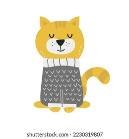 Cute little cat in a sweater. Childish print. Vector hand drawn illustration. Scandinavian minimalistic children style, black and yellow color