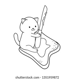 cute little cat with toast bread kawaii character