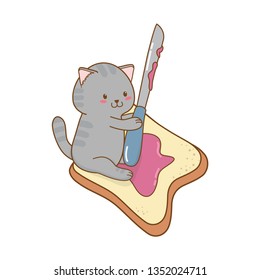 cute little cat with toast bread kawaii character