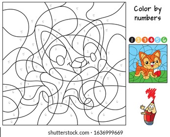 Cute little cat with the toy ball. Color by numbers. Coloring book. Educational puzzle game for children. Cartoon vector illustration