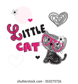 cute little cat, T-shirt design for girls vector illustration