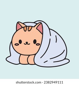 Cute little cat under blanket. Cozy kitty wrapped in blanked colored outline. Hand draw vector illustration.
