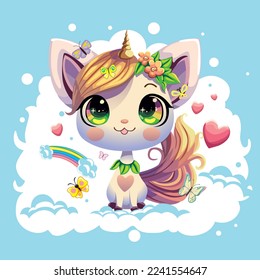 Cute little cat with unicorn horn over pastel blue background with hearts and clouds. Pastel soft colors.