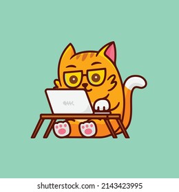 cute little cat working in front of a laptop cartoon illustration