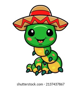 Cute little caterpillar cartoon wearing a mexican sombrero hat