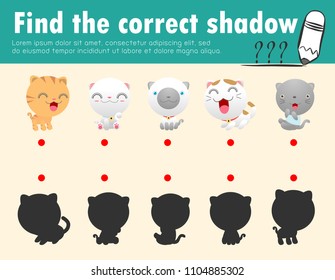 Cute little cat,Find the correct shadow. Educational game for children, Shadow Matching Game for kids, Visual game for kid. Connect the dots picture,Education Vector Illustration.