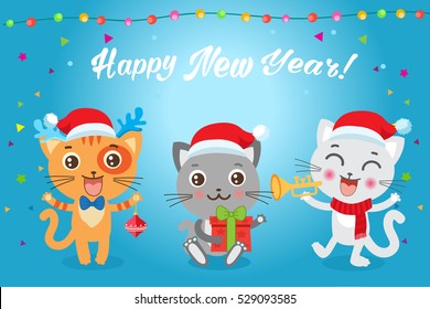 Cute Little Cats Cartoon Vector Card. Christmas Kittens Vector. Cat In Christmas Costumes. Design For New Year Holiday Theme.