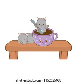 cute little cats with chocolate mug kawaii characters