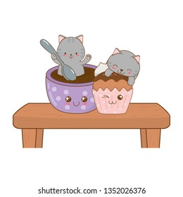 cute little cats with chocolate mug kawaii characters