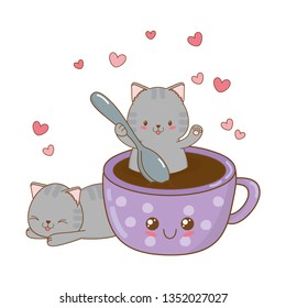 cute little cats with chocolate mug kawaii characters