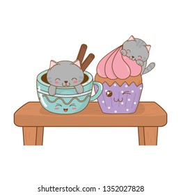 cute little cats with chocolate mug kawaii characters