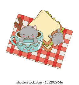 cute little cats with chocolate mug kawaii characters