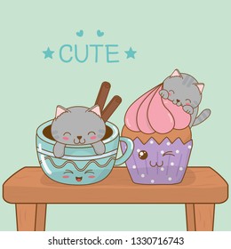 cute little cats with coffee cups kawaii characters