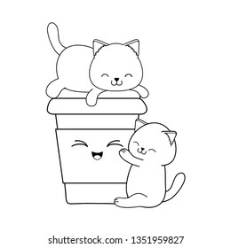 cute little cats with coffee drink kawaii characters