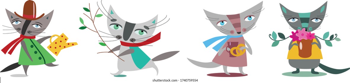 Cute little cats having fun in the garden, set of vector illustration