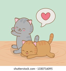 cute little cats with heart in speech bubble kawaii characters
