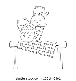 cute little cats with ice cream and cupcake kawaii