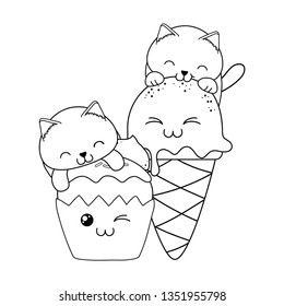 cute little cats with ice cream and cupcake kawaii