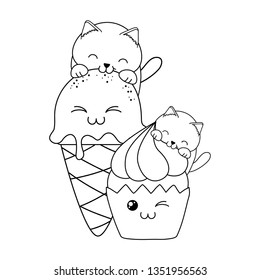 cute little cats with ice cream and cupcake kawaii